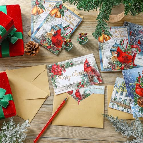 Cholemy Rustic Cardinal and Berries Christmas Cards with Envelopes, 36pc 4x6, Assorted Styles