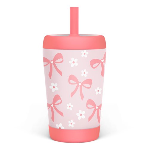 Kid Insulated Stainless Steel Tumbler with Silicone Straw, 12oz Sippy Cup for Kids (Pink Bows)