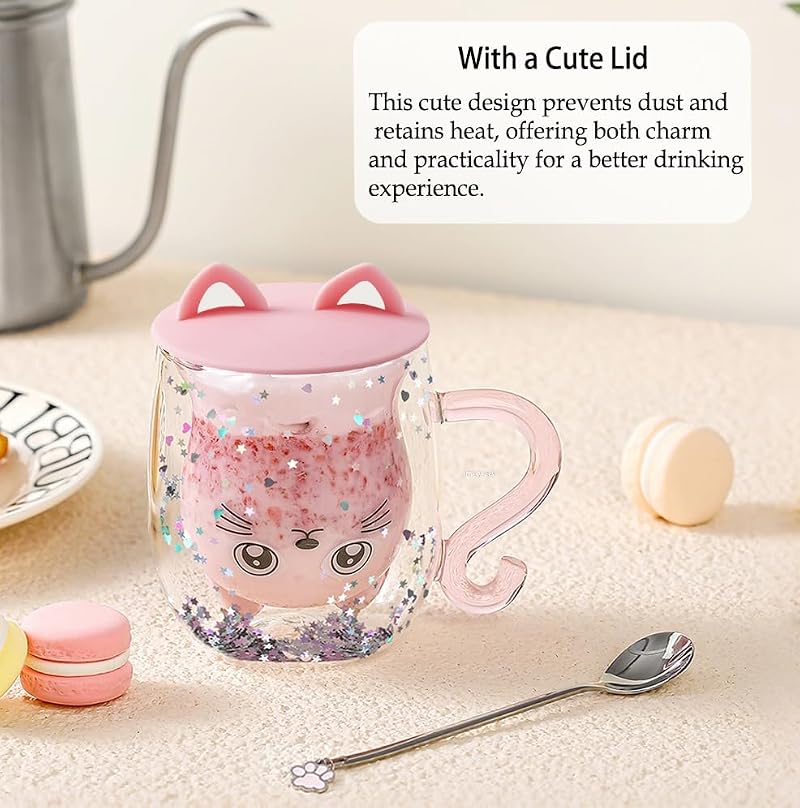 Binoster Glittery Pink Cat Double-Walled Coffee Glass - 230ml-280ml Gift Mug