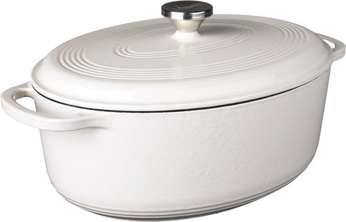 Lodge Enameled Cast Iron Dutch Oven - 7 Quart Oval with Lid & Dual Handles - Oven Safe to 500°F - Oyster White