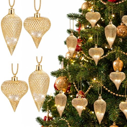 12 Pcs Golden Mesh Ball Christmas Ornaments – A Style, Hollow Hanging Decor 4x1.6in & 3x2in