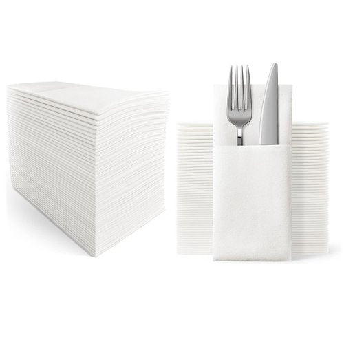 UKEENOR Disposable Dinner Napkins Cloth Like with Built-in Flatware Pocket,Wedding Party Linen Feel White Napkin, Prefolded for Silverware,15.74"x15.74" Pack of 50