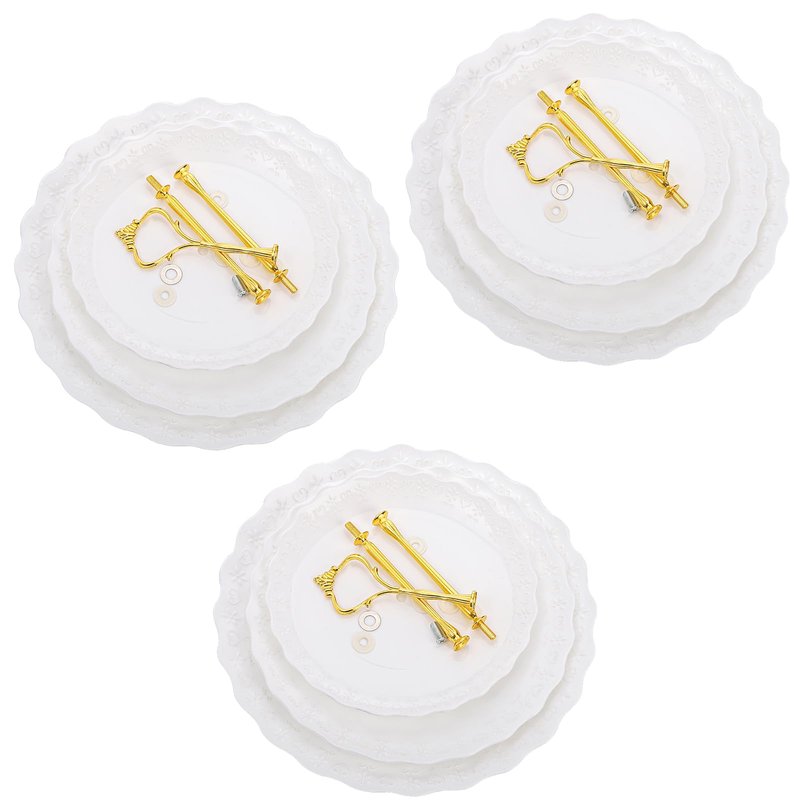 Tosnail 3 Pack 3 Tiers White Plastic Cupcake Stand Dessert Stand Tiered Serving Trays, Embossed Party Serving Trays Fruit Pastry Holders for Wedding and Party - Gold Crown Rod