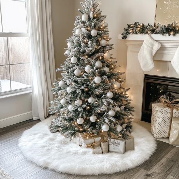 48-Inch White Faux Fur Christmas Tree Skirt - Luxury Plush Base Cover