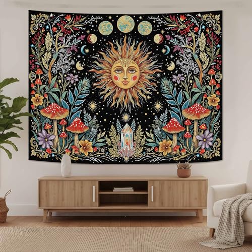 Boho Sun and Moon Wall Tapestry - Vintage Celestial Mushroom Wall Hanging