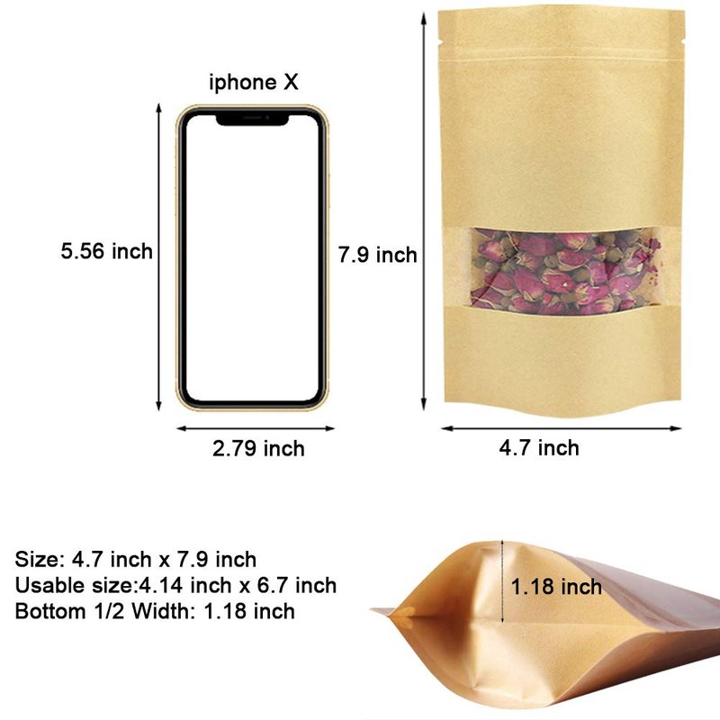 100 Pcs Resealable Stand Up kraft Paper Bags with Window for Packaging Products, Reusable Zip Lock Food Storage Pouch Bags (4.7" x 7.9")