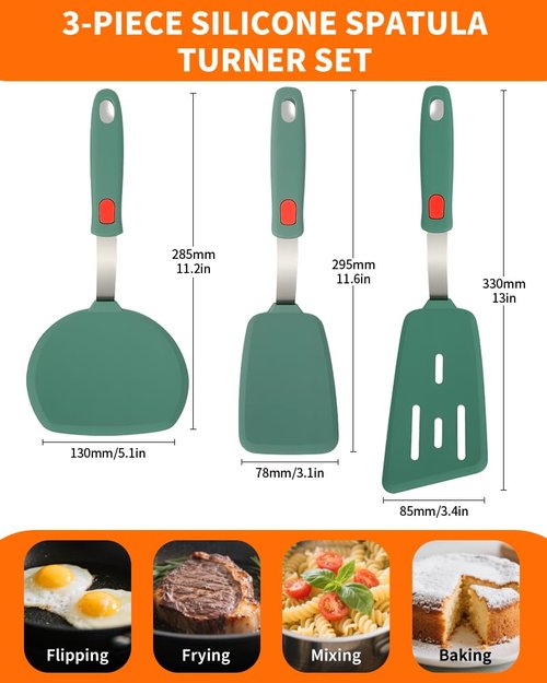 Brigii Silicone Spatula Turner Set of 3,Heat Resistant,430 Stainless Steel Core, BPA-Free Kitchen Utensils Set for Cooking,Baking,Flipping,Dishwasher Safe(Dark Green)