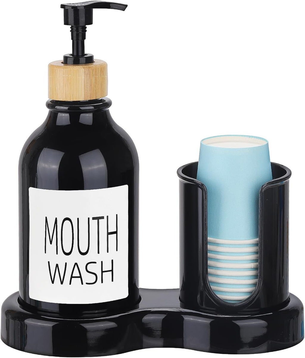 Skiennix Mouthwash Dispenser - 16oz Plastic Container with Cup Holder & Tray - Sleek Black Design