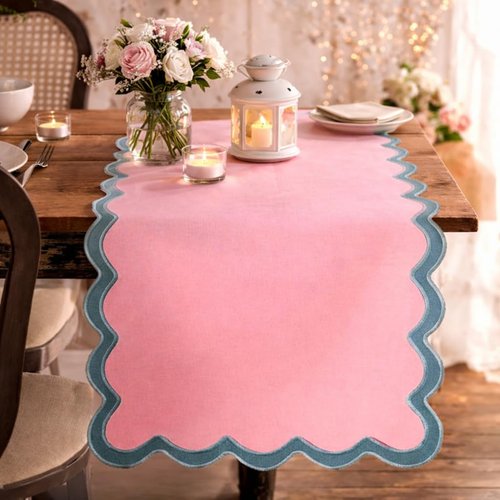 Folkulture Table Runner 108 inches Long | Scalloped Pink Table Runner for Dining Room, Party Decorations | 100% Cotton, Machine Washable, Farmhouse Table Runner for Hannah Montana Party Decorations