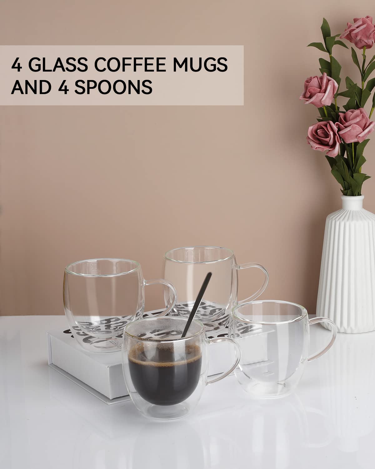 LIBWYS 4 Pack 250ml Double Walled Glass Coffee Mugs with 4 Spoons, Cappuccino Latte Tea Cups with Handle, Heat Resistant Drinking Glasses