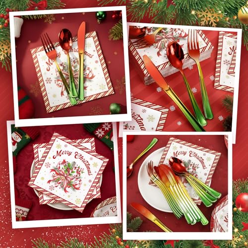 Hushee Disposable Christmas Silverware Set - 200 Pcs Red & Green Plastic Utensils with Napkins