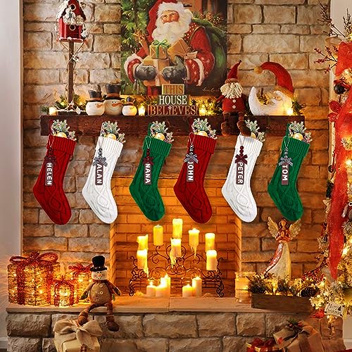 18-Inch Cable Knit Christmas Stockings with Wooden Name Tags (6 Pack)