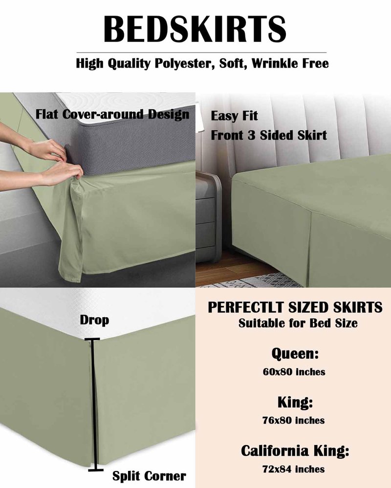 Sage Green Bed Skirt Queen Size 16 Inch Drop, Luxury Pleated Bed Frame Cover, Farmhouse Sage Green Decor Sheet & Wrap Around Bed Skirts Box Spring Cover Dust Ruffle for Queen Bed with Split Corner