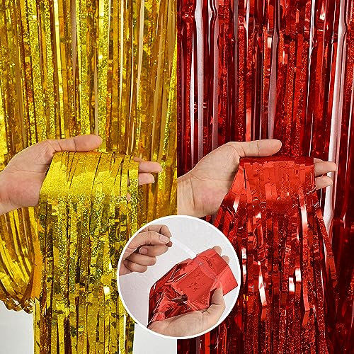 BEISHIDA 4 Pcs Red and Gold Fringe Foil Curtain Backdrop for Parties, Graduation, Weddings