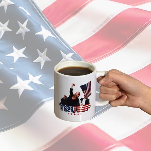Attack on Trump Ceramic Coffee Mug – Double-Sided with Shot Survivor Fist Pump at Pennsylvania Rally Design – Celebrating Strength and Patriotism – Gift for Supporters, 45th & 47th President
