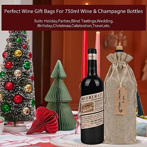 Reusable Burlap Wine Gift Bags with Drawstrings & Tags - 12 Pack (750ml)