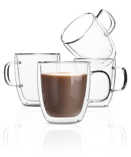 BTaT- Double Walled Glass Coffee Mugs, 12 oz, Set of 4, Glass Coffee Cups with Handle, Insulated Clear Coffee Mug for Hot Beverages, Cappuccino, Latte, Tea, Americano, Microwave & Freezer Safe