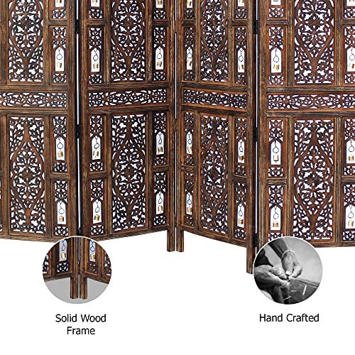 4-Panel Hand Carved Wood Room Divider, 72x80 Inch Folding Privacy Screen