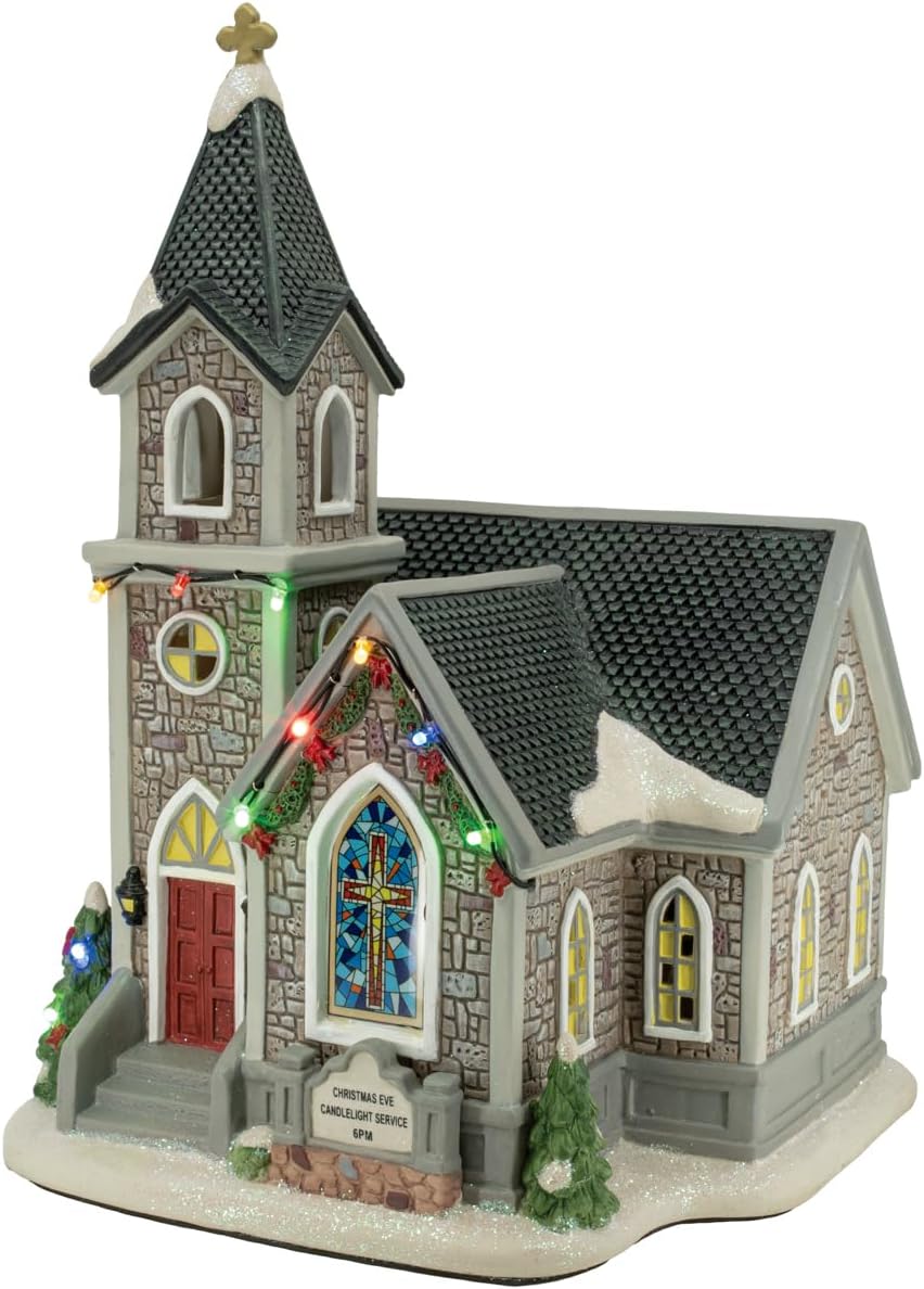 Skiennix Corner Cathedral Porcelain Christmas Village - LED Lights for Festive Charm