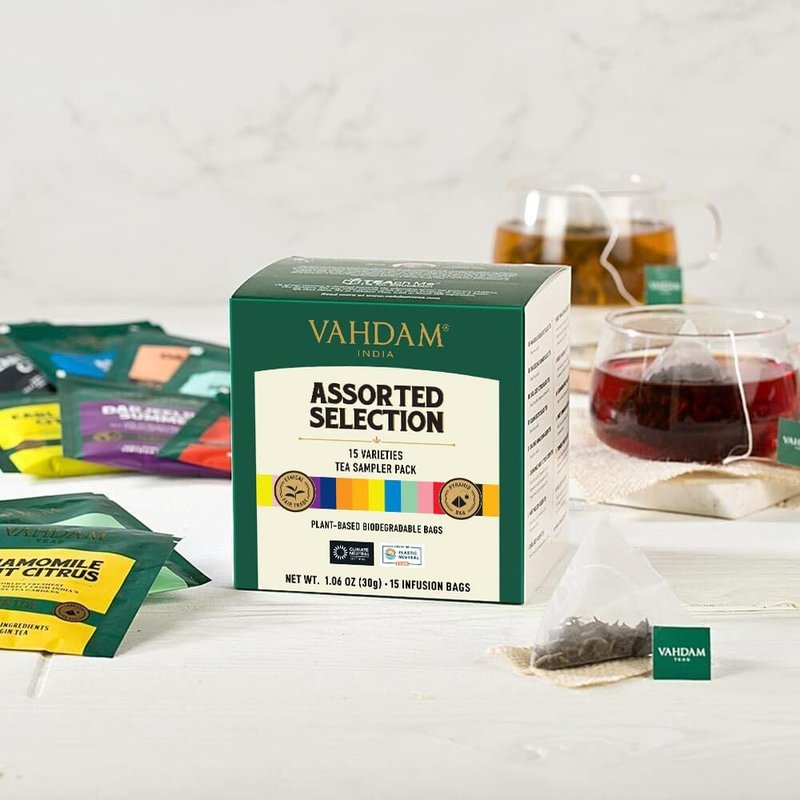 VAHDAM, Assorted Tea Sampler (15 Different Variety in Individually Wrapped Pyramid Tea Bags) Long Leaf Premium Teas I Teas Gift Set I Ideas for Tea Lovers | Gifts for Women & Men