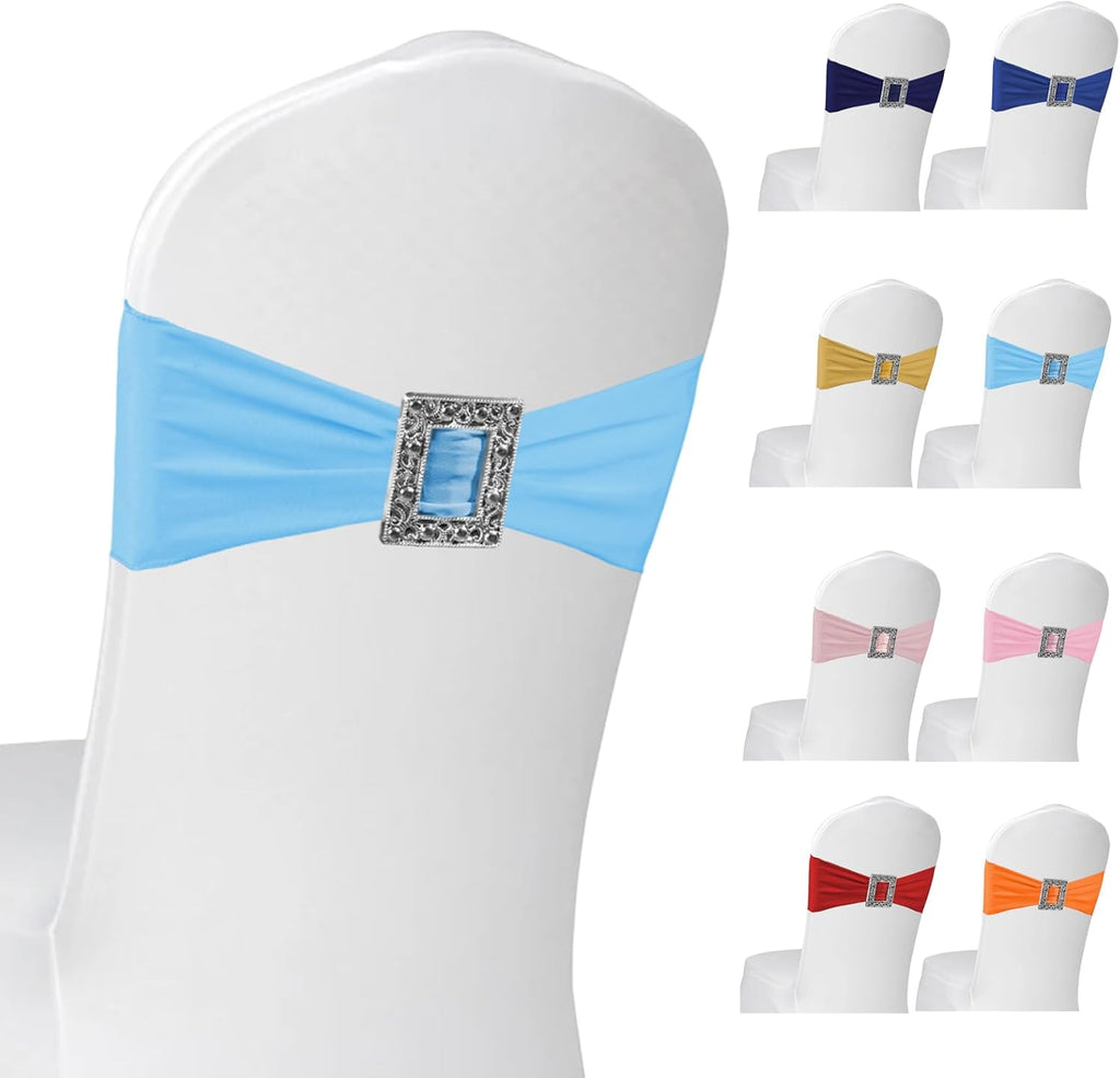 Skiennix Spandex Stretch Chair Sashes - 100 Pack Elastic Covers with Buckle Slider for Weddings & Events | Baby Blue