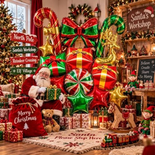 Pinbra Christmas Foil Balloons Kit - Candy Cane, Reindeer, Star & Gift Box Party Decorations