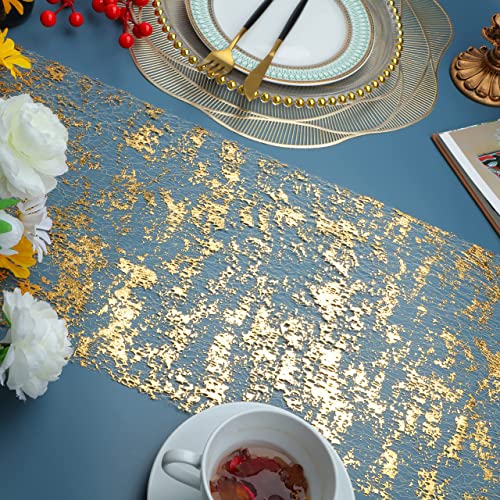 Metallic Gold Sequin Table Runner 11x108 Inch - 2 Piece Mesh Set