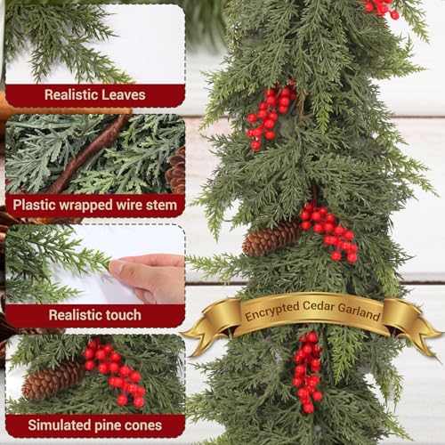 Senksll 6ft Artificial Cedar Garland with Red Fruits and Pine Cones Holiday Decor