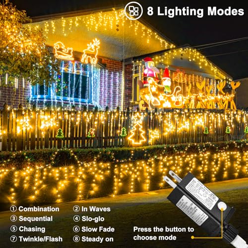 Nielfoi 66ft Warm White Outdoor Icicle Lights with 640 LEDs, 8 Modes, Waterproof