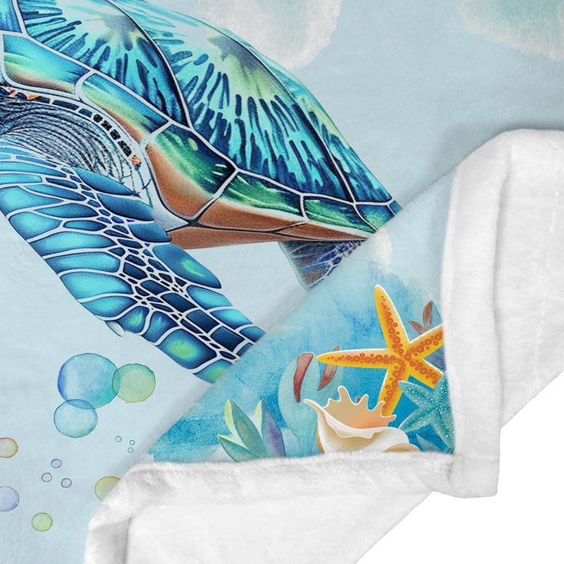 JAWO Sea Turtle Blanket Coastal Throw Cozy Beach and Nautical Sea Turtles Blanket Sea Animal Starfish Turtle Blankets Throws Gifts for Kids and Adults 50" x 60", Teal