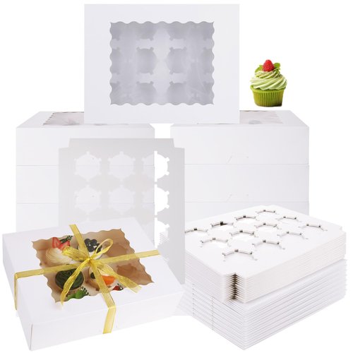 WOPPLXY 24 PCS White Cupcake Boxes, 12 Count Cupcake Containers with Window and Insert, 12.7 x 9.8 x 3.7 Inch Cupcake Holder Easy Transport and Presentation Ideal for Cupcakes, Desserts, and More