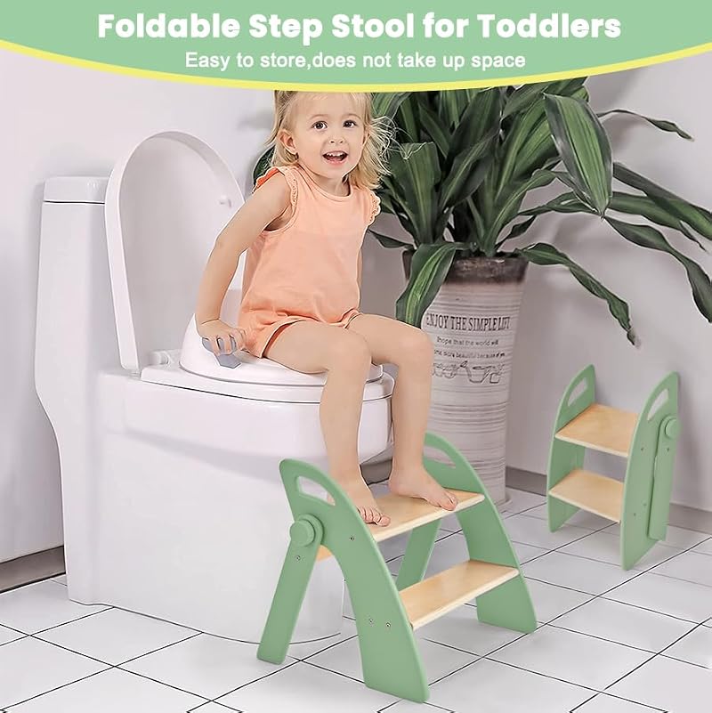 Foldable 2-Step Bamboo Stool for Toddlers with Handles and Non-Slip Pads