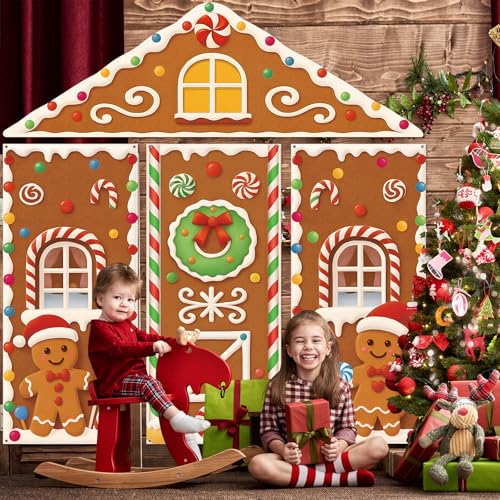 Christmas Gingerbread House Door Cover Decorations - Holiday Backdrop for Xmas Party & Photography