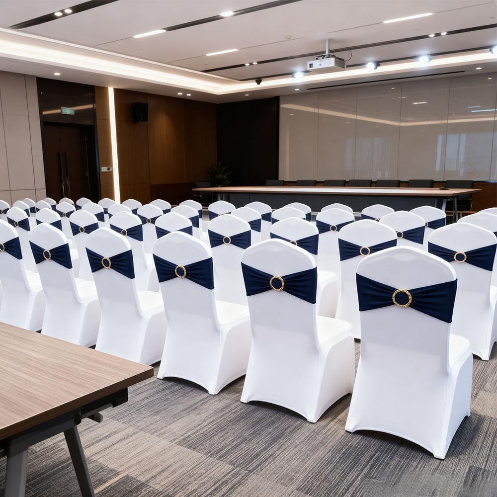 Skiennix 50 Pack Navy Blue Chair Sashes - Spandex Bands with Gold Buckle Slider for Events & Décor