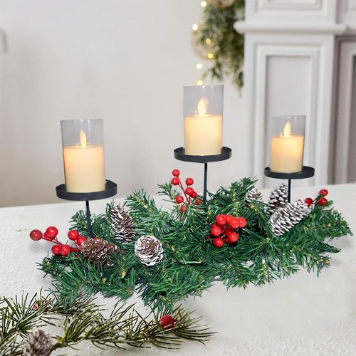 Christmas Table Centerpiece | 21.7” Candle Holders with Iron Trays & Red Berries | Holiday Home Decor