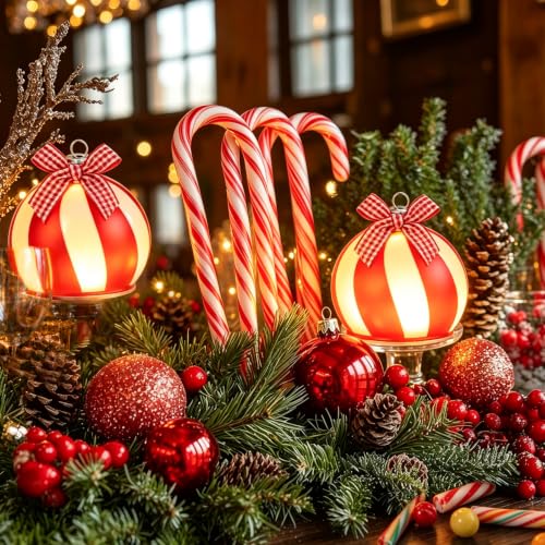2 Pcs Christmas Candy Cane Glass Globe Ball with LED Light - Holiday Decor