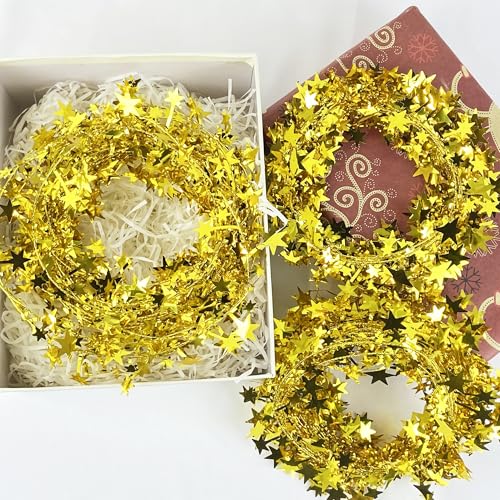 5 Pack 26ft Gold Star Tinsel Garlands with Wire for Christmas & Home Decor