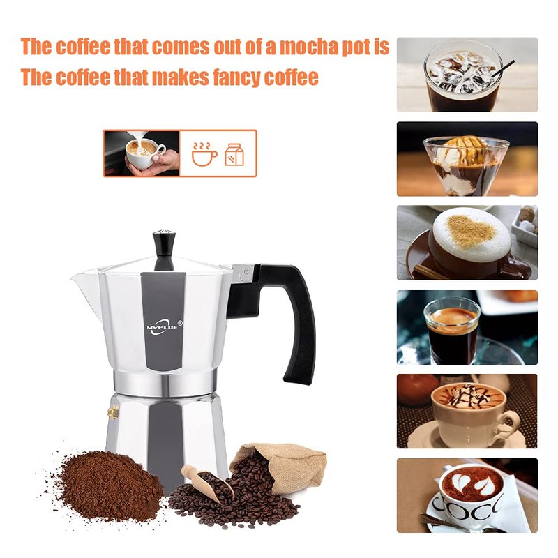 MVPLUE Classic Stovetop Espresso Maker 6 Cup ，Moka Pot Aluminum Silver，Perfect Cuban Coffee Maker， Make Delicious Coffee Easily at Home And Camping