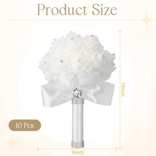 Jutom 10 Pieces Wedding Bouquets for Bride Roses Bridesmaid Bouquets for Wedding Hand Holding Bridal Bouquets for Bride Bouquet with Diamond Soft Ribbons for Engagement Church Party (White)