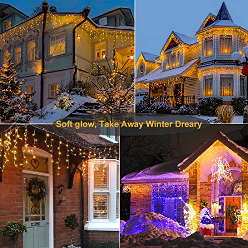 Nielfoi 66ft Warm White Outdoor Icicle Lights with 640 LEDs, 8 Modes, Waterproof