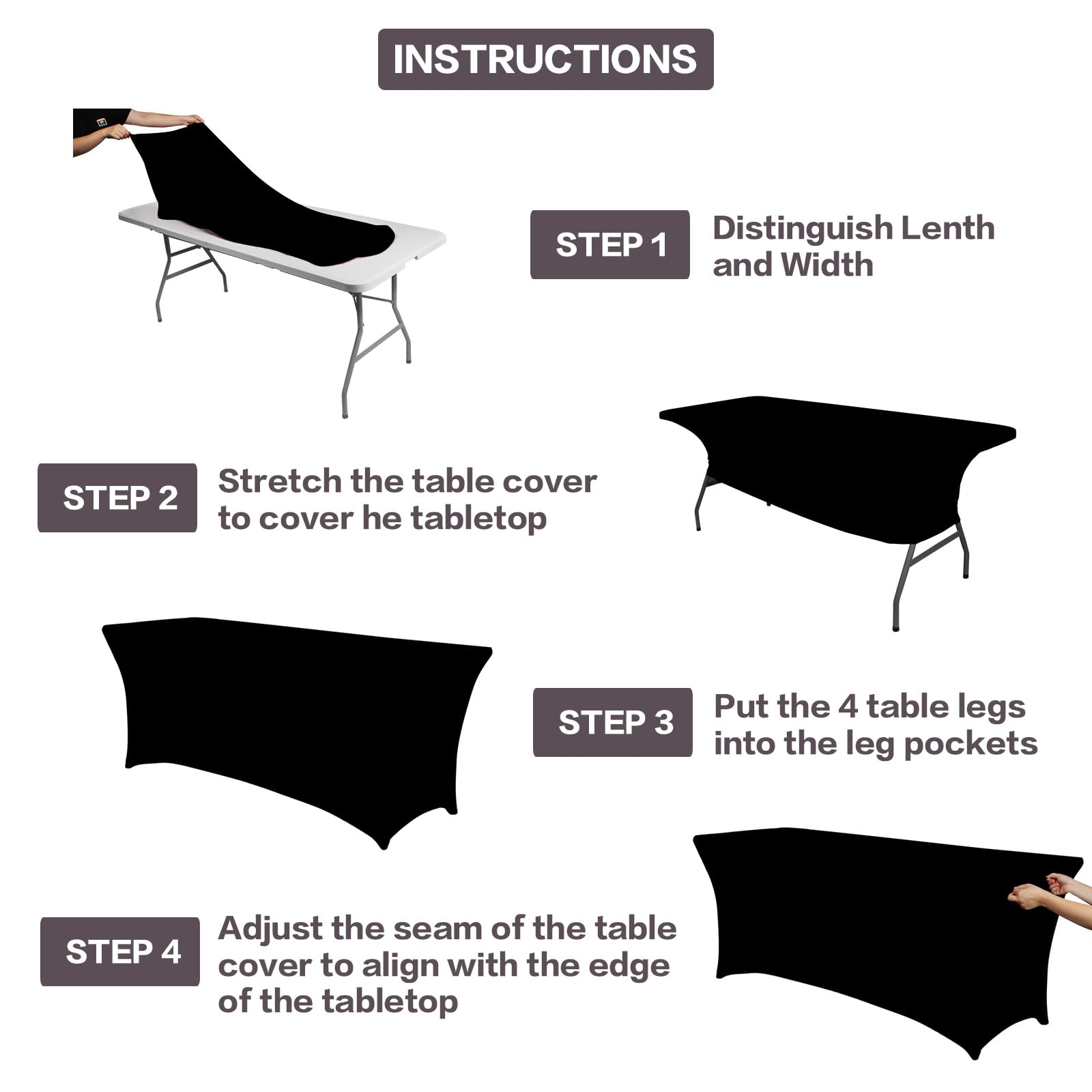 IVAPUPU 2 Pack 4FT Table Cloth for Rectangular Fitted Events Stretch Black Table Covers Washable Spandex Spring Tablecloth Protector for Party, Wedding, Cocktail, Banquet, Festival