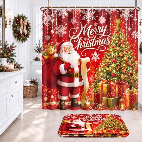 Ruikyhom Christmas Bathroom Sets with Shower Curtain & Rugs - Red Gold