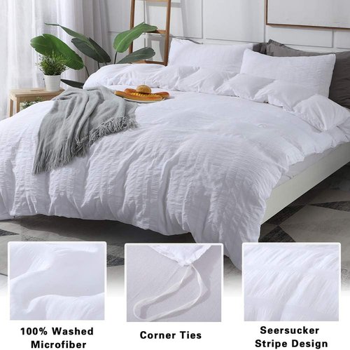 AveLom King White Duvet Cover Set - Ultra Soft Seersucker Microfiber, 3 Pieces with Zipper Closure & Corner Ties (104 x 90 Inches)