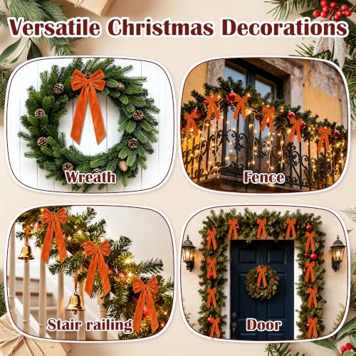 SiplyHaven 12 Pack Orange Velvet Christmas Bows - 5x10 Inch Pre-Tied Holiday Decor
