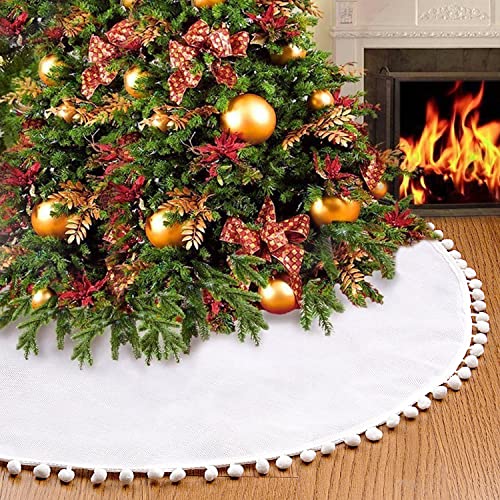 SevenFish 48-Inch White Rustic Christmas Tree Skirt with Pom Poms