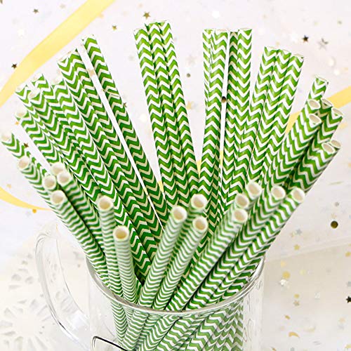 Webake Green Chevron Paper Straws 100ct 7.75in Biodegradable, Disposable, Wave Pattern