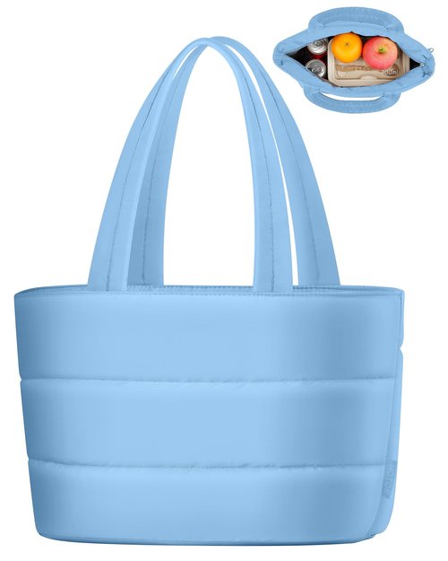 HOTOR Puffer Tote Lunch Bag for Women - Large Capacity Insulated Lunch Box & Cooler, Leakproof Thermal Lunch Bag for Office, Gym, Travel, Picnic, Light Blue, 10.2" x 6.1" x 8.3"