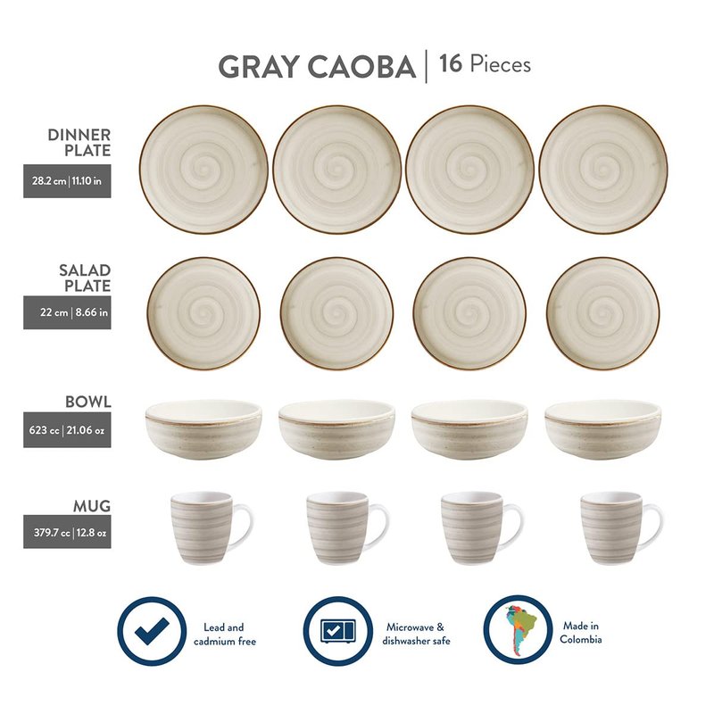 Corona 16-piece Rustic Aestethic Hand-Painted Versatile Ceramic Dinnerware Sets | Plates, Bowls and Mugs | Service For 4 | Gray Caoba
