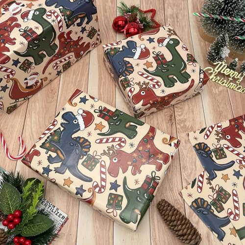 Dinosaur Christmas Wrapping Paper 8 Sheets 28 x 20 in - Dinasour Xmas Variation