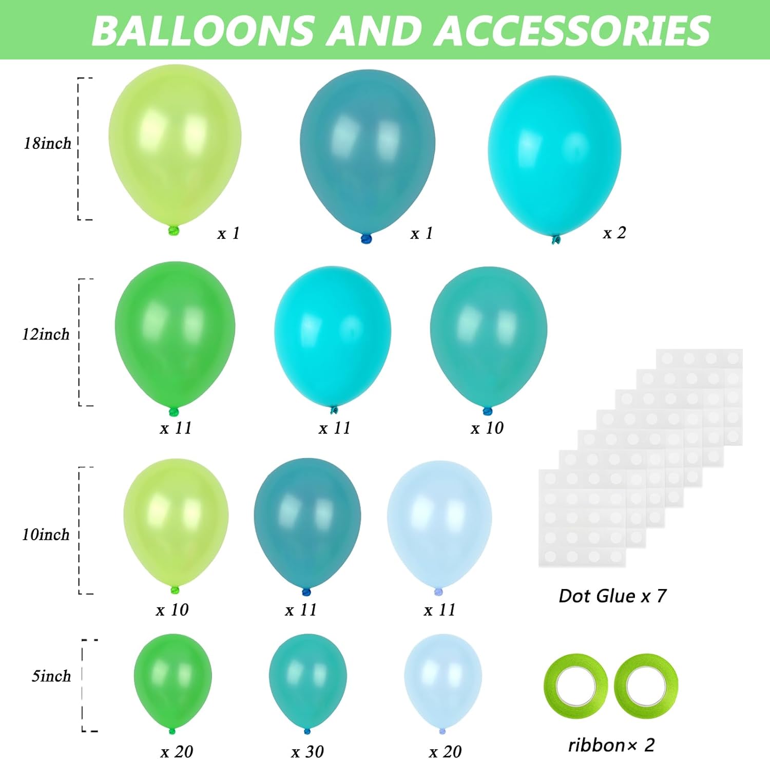 RUBFAC Green Balloons Garland Arch Kit - 138pcs Latex Balloons in Various Sizes for Birthday, Graduation, Baby Shower & Wedding Decor